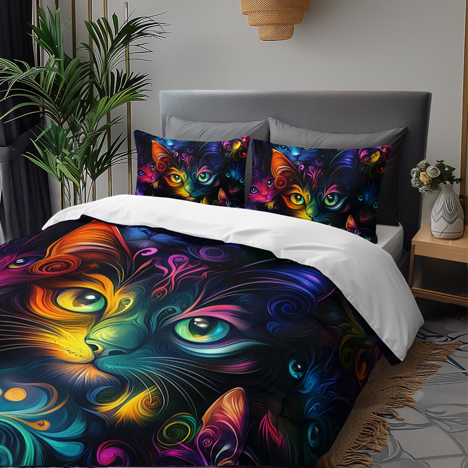 

3pcs Colorful Rainbow Cat Bedding Psychedelic Cat Bedding Quilt Set Abstract Cat Themed Duvet Cover Set Bohemian Gifts for Kids (135x200cm)