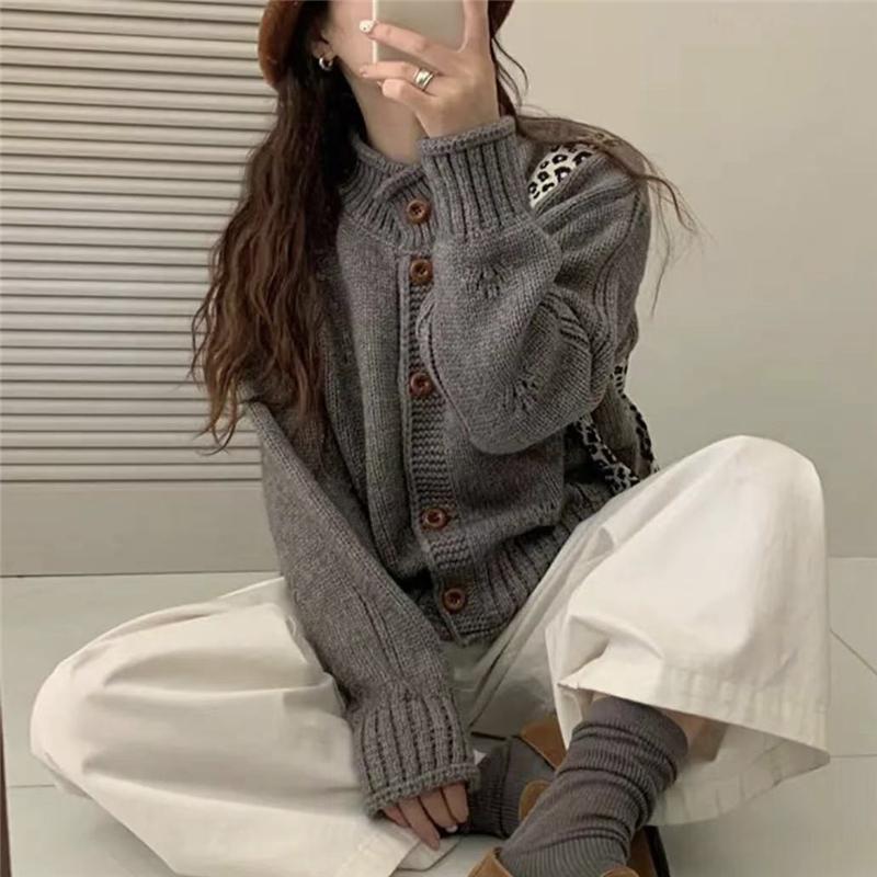 Korean Retro Hollow Knitted Cardigan Coat Women's Autumn and Winter Loose Curled Stand-up Collar Design Short Sweater Jacket Top