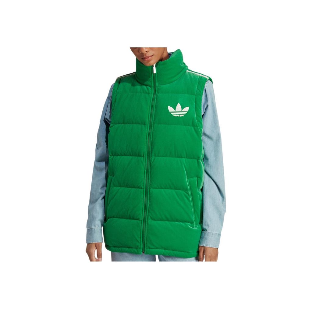 Adidas Originals FW22 Velvet Vest Solid Logo Print Zipper Down Vest Women Vests Green IB2029
