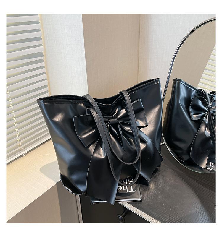 

Большая вместимость бант повседневный однотонный 225 новая текстура весна мягкая поверхность портативная на плечо сумка-тоут чёрный