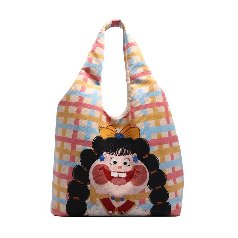 Hand-Painted Cartoon Shoulder Bag: Eco-Friendly Large Capacity for Women & Students