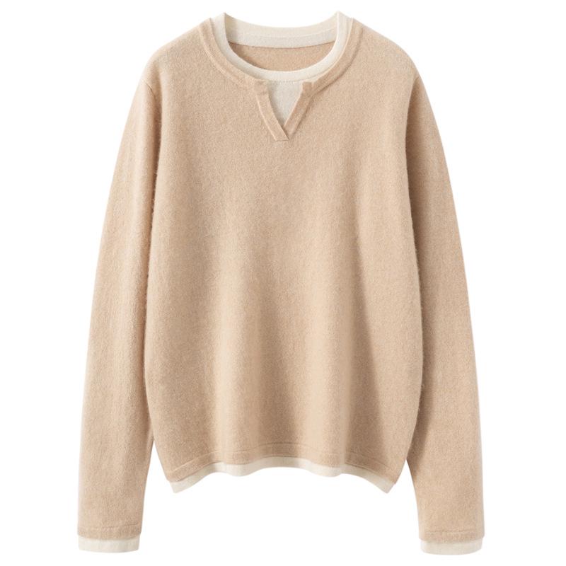 Autumn 2025 Sweet Style Color Block Cashmere Sweater - Loose Fit, Slimming, Short & Warm, Fake Two-Piece Design