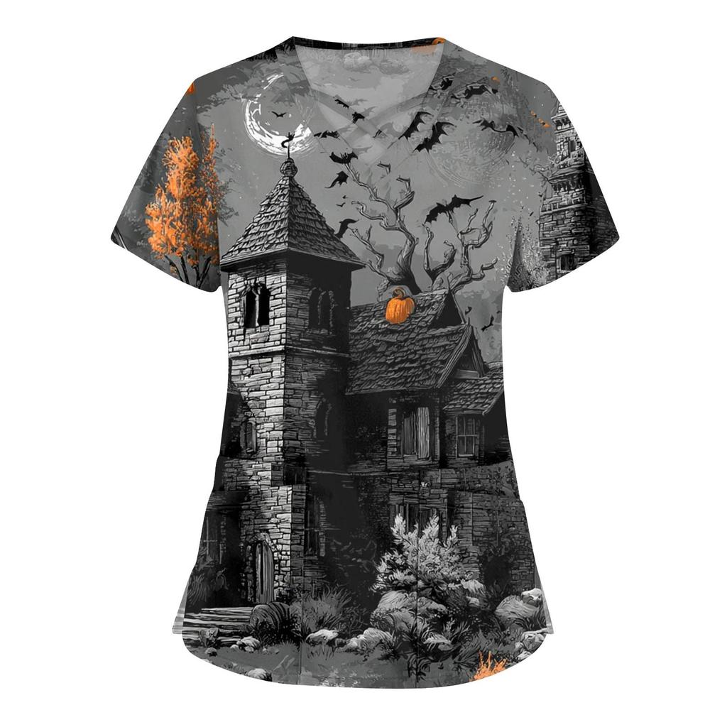 Dámská móda Křížový V výstřih Krátký rukáv Kombinézy Dvojité kapsy Halloweenské Potištěné Topy Uniformy