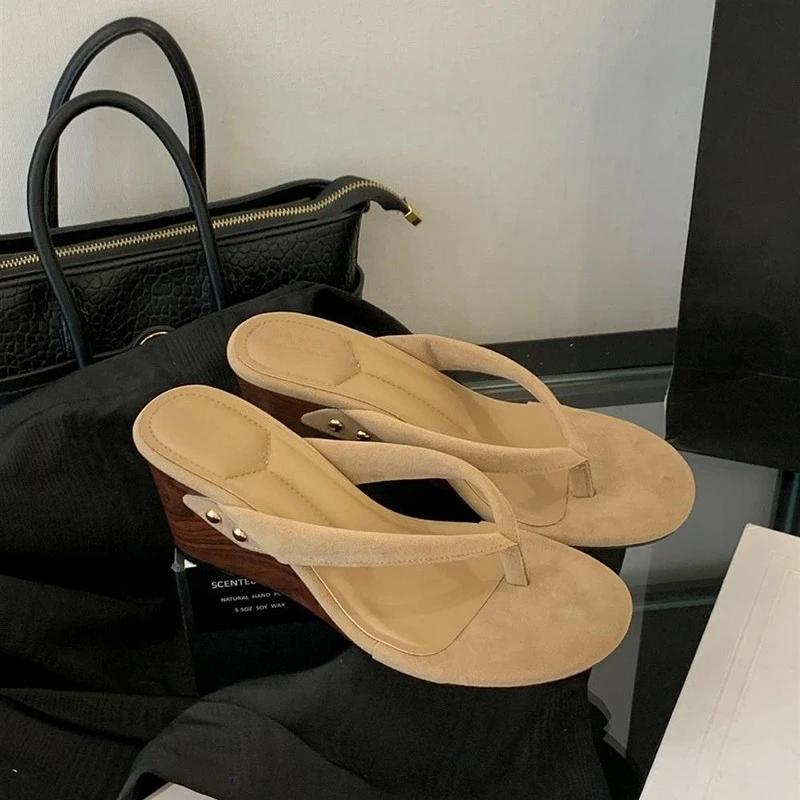Retro Style Summer Clip Toe Wedges Heel Women Slippers Fashion Ladies Outdoor Concise Dress Slides Sandalias ·