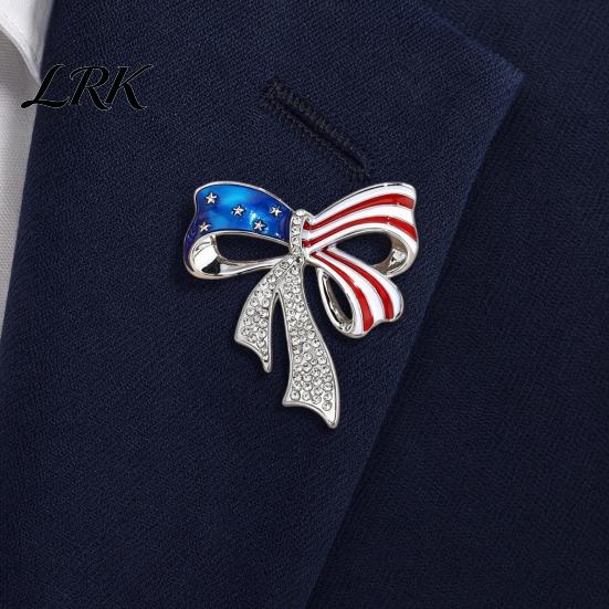 Decorative Patriotic Pin Independence Day Bow Brooch Pin, Rhinestone Lapel Sweater Long-lasting Alloy Cardigan Coat Suit Jewelry Accessory,