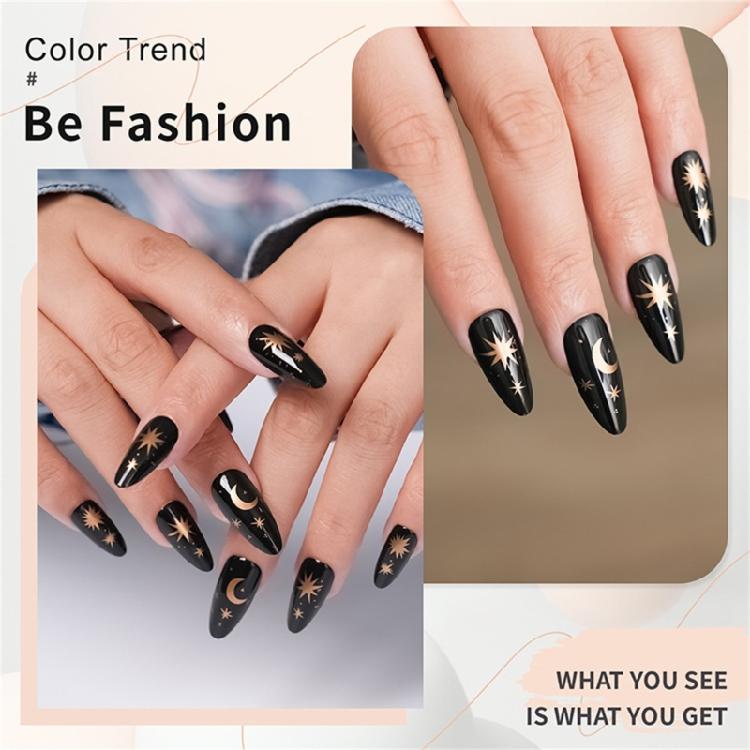 24pcs French Tip Press On Nail Almond Shape False Nail with Star Moon Designs Gothic Black Stick On Nail Gift for Women