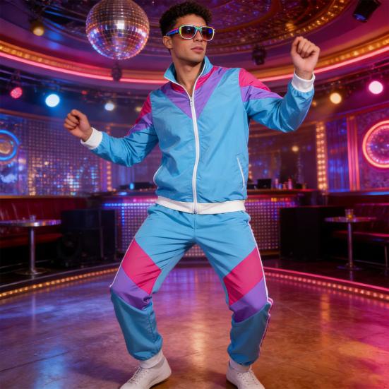 2Pcs/Set Disco Tracksuit Retro 80s Sportswear Long Sleeve Color Block Zipper Jacket High Waisted Long Trousers Set Men Women Party Wear