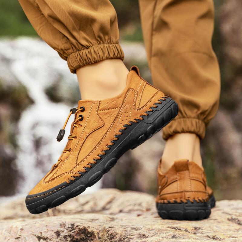 Spring/Autumn Men's Retro Large Size Hand-stitched Casual Men's Boots Men's Casual Leather Shoes Yellow Moccasins