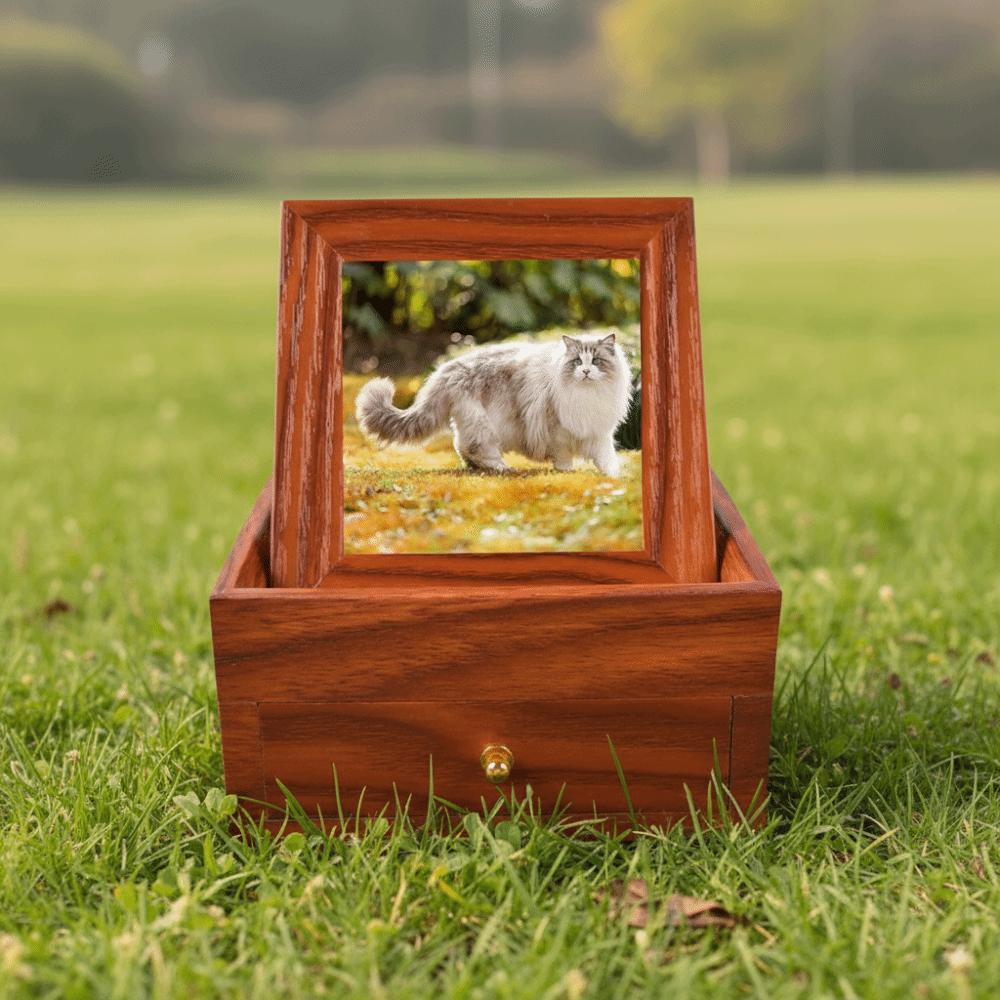 Wooden Pet Ashes Storage Box with Photo Frame Square Dog Ashes Container Dustproof with Drawers Pet Commemorative Urn