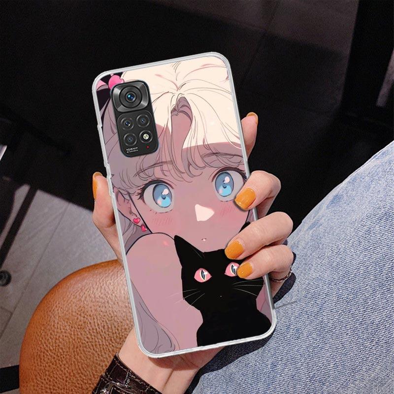 Anime Mädchen Süße Schwarze Katze Handyhülle Für Xiaomi Redmi Note 15 14 13 12S 12 11 Pro Plus 14S 11S 11E 10 10S 11T 5G Personalisiert C