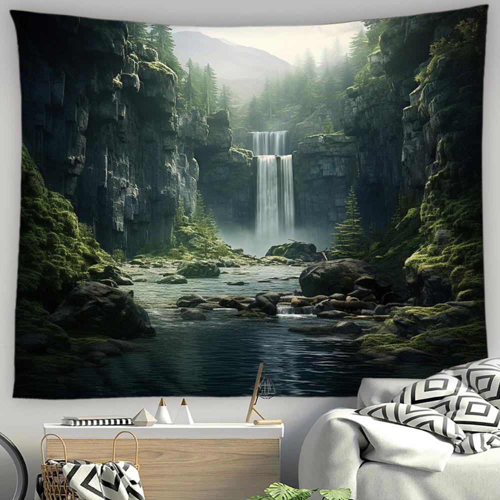 Asian Style Landscape Tapestry Nature Scenery Forest Waterfall Bedroom Living Room Home Wall Hanging Decor Natural Tapestry