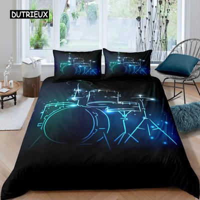 Set Copripiumino Blu Batteria Microfibra Rock Roll Musica Pop Set Letto Singolo Strumento Musicale Linee Glitter Copripiumino