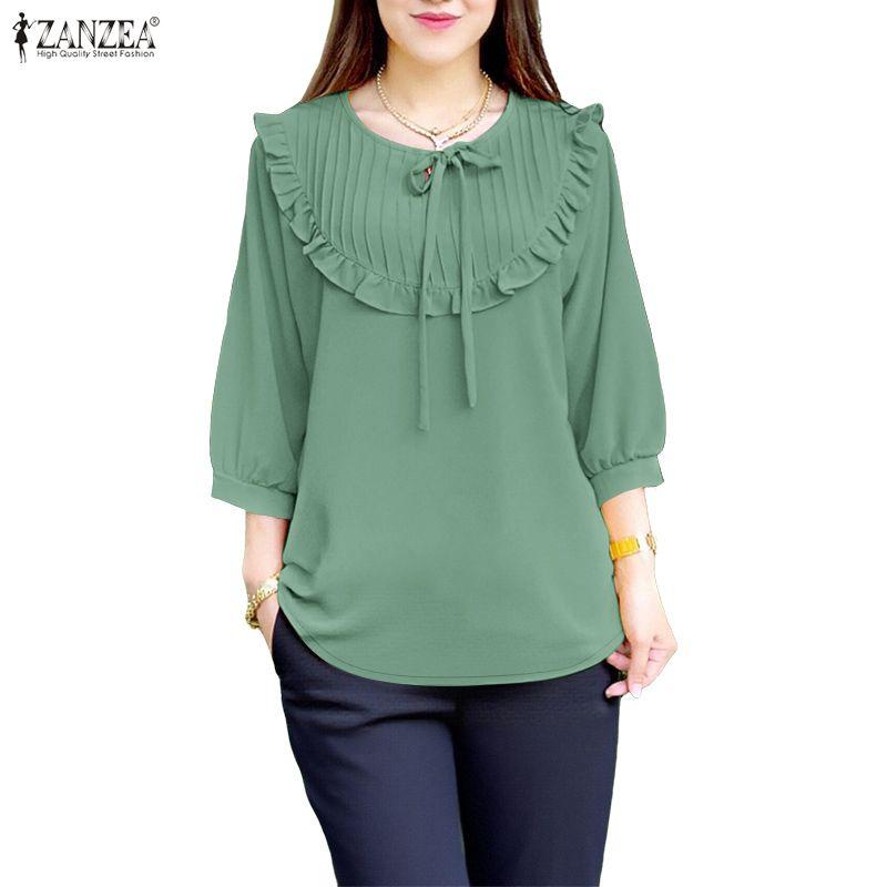 ZANZEA Women Casual Round Neck Solid Color 3/4 Sleeve Loose Blouse