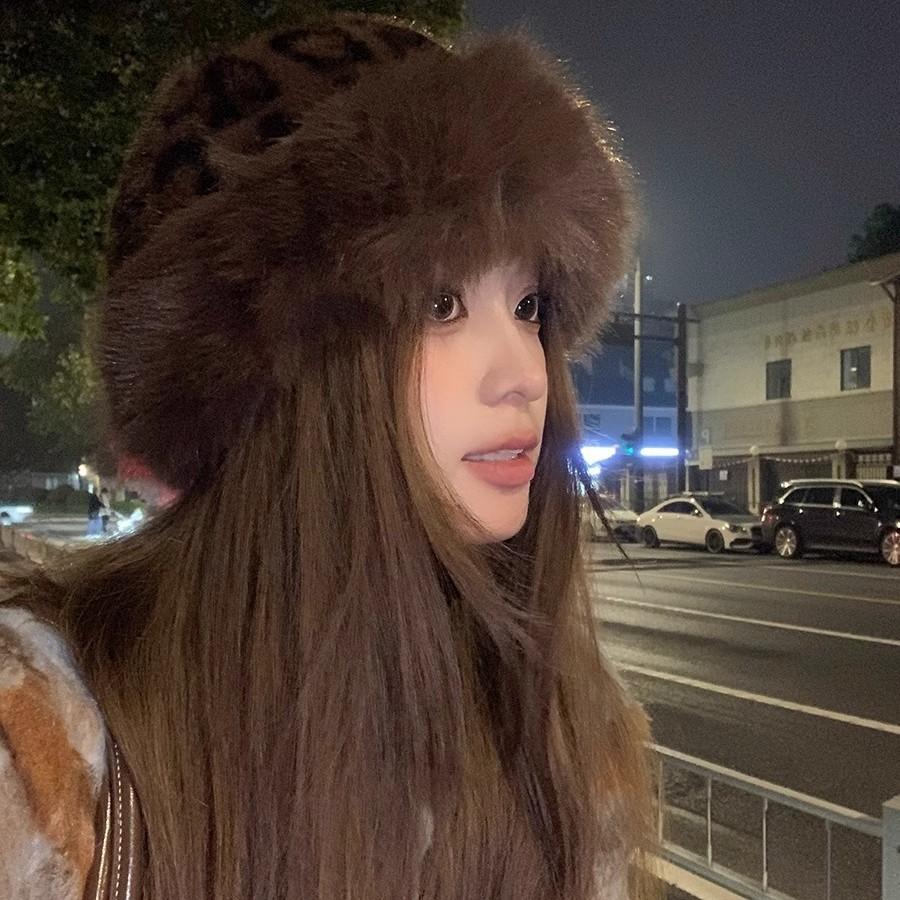 Leopard Print Mongolian Hat Plush Bear Hat Women's Autumn and Winter Imitation Mink Bucket Hat Versatile Scarf Scarf