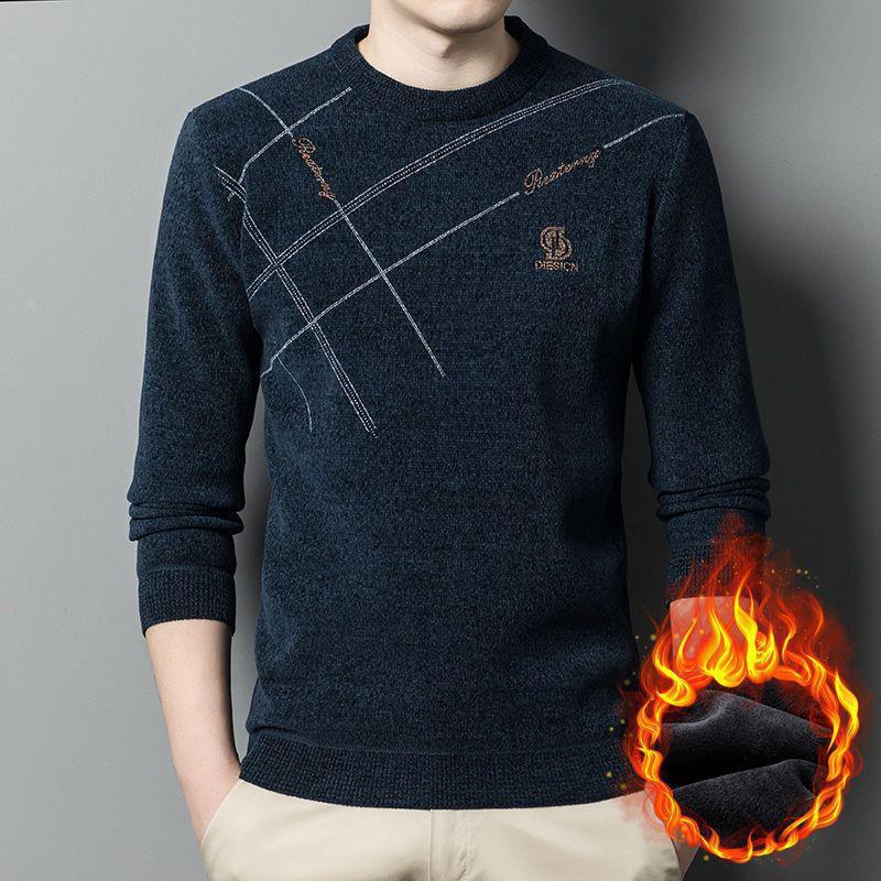 Winter Men's Crewneck Long Sleeve Sweater New Men's Chenille Plus Fleece Knit Sweater Men's Casual Men's Undercoat
