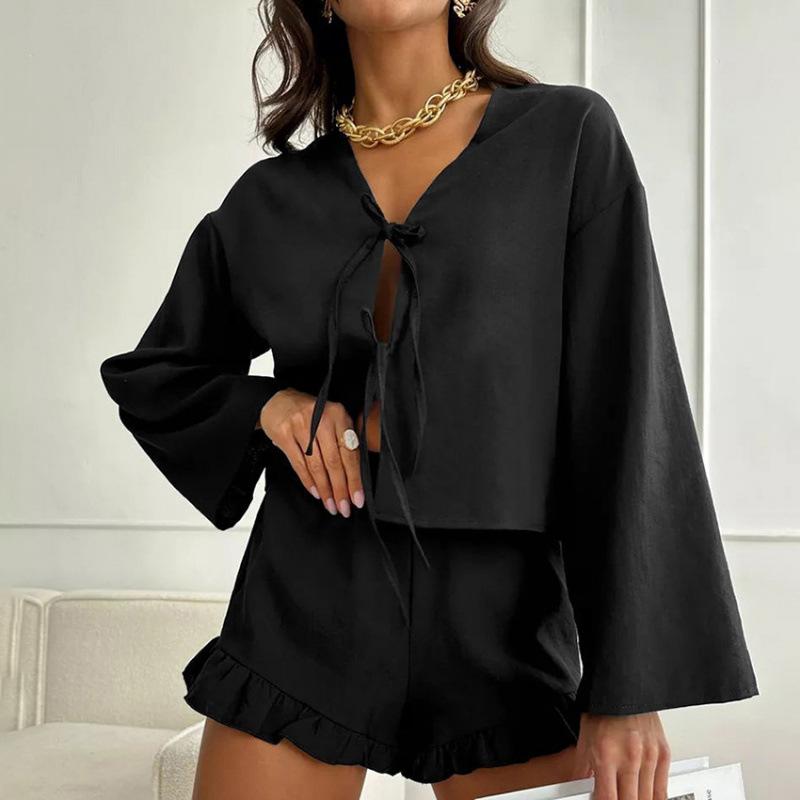 European and American autumn new cardigan lace-up long-sleeved ruffle edge shorts women's pajamas loose casual loungewear
