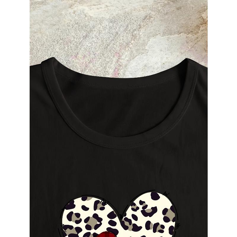 Europäische Größe Herz&Liebe Aufdruck Sommer T-Shirt, Vielseitiges Kurzarm Rundhals Oberteil, Damenbekleidung