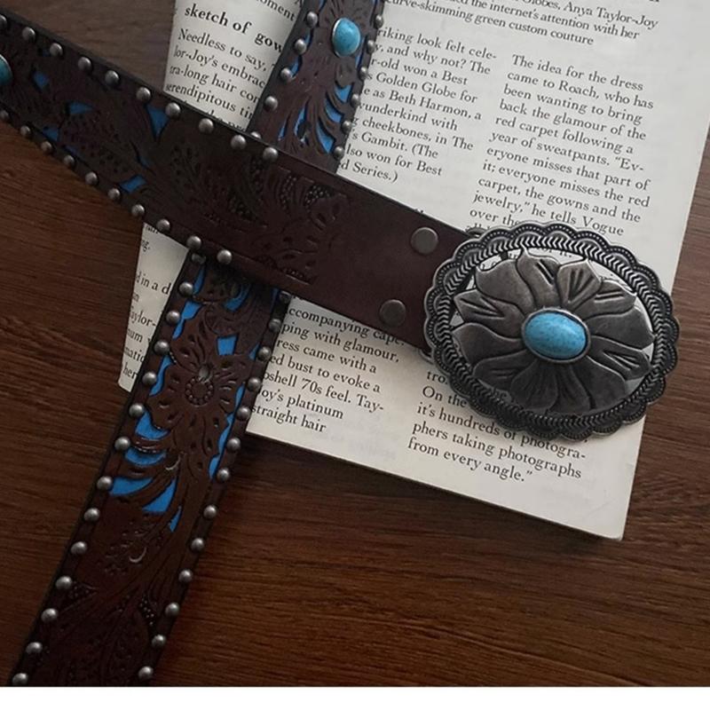 Vintage Bohemia Belt for Women Turquoise Embossed Buckle Decorative Belt Cowboy Belt for Female Cowgirl Jeans Waist Belt