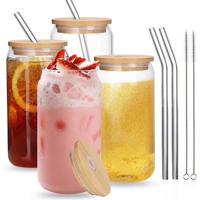 4-teiliges Set aus Glas, Cola-Bechern, Gläsern mit Bambusdeckel und Strohhalmen, wiederverwendbares Trinkglas, Becher, Bierdosen, Gläser für Kaffee, Milch