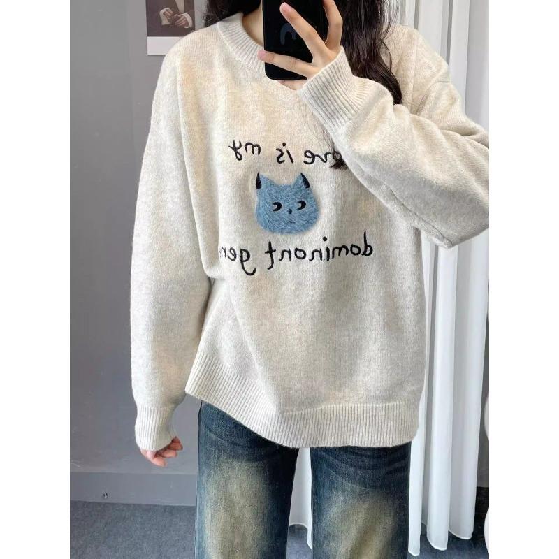 

Женский свитер с круглым вырезом и вышивкой кошки, пуловер с длинными рукавами, свободный свитер, осень-зима, новый женский мягкий вязаный топ one size слоновая кость