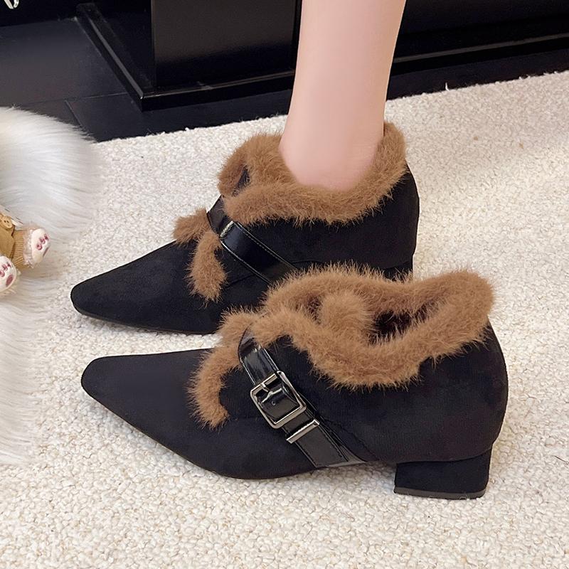 Fur Women's Snow Boots Sexy Heeled Pointed Toe Suede Shoes Fashion Ankle Boots New Warm Elegant Trend Dress Mujer Botas