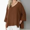 Top in lino e cotone larghi tinta unita da donna, casual, con scollo a V e maniche a 3/4