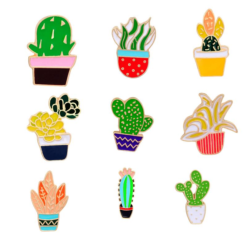 19 Styles Summer Cup Potted Design Enamel Brooches Mini Cactus Potted Plant Shaped Pins Women Girls Gardening Backpack Badge