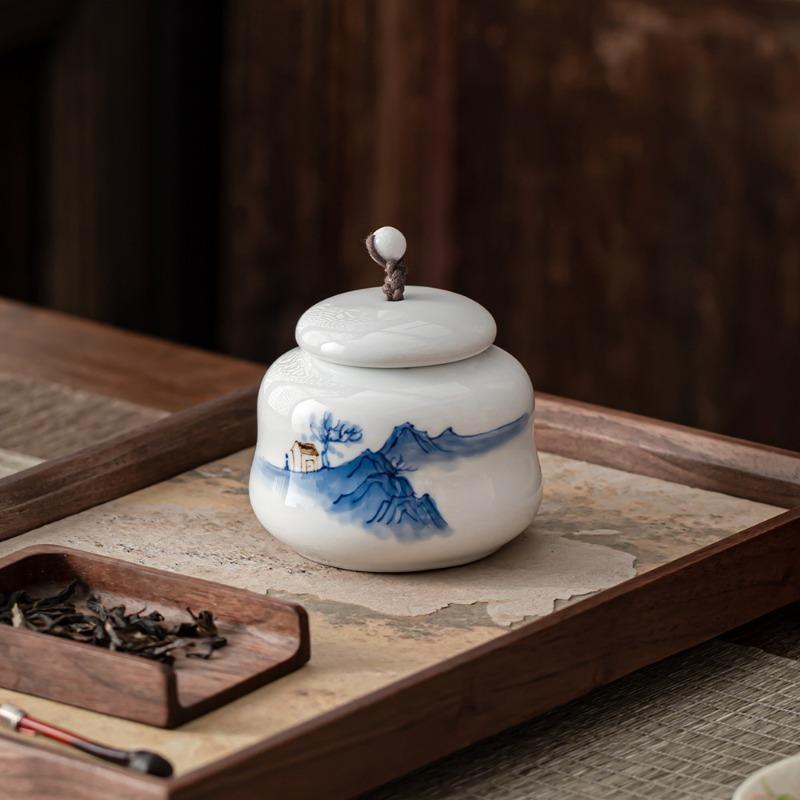 Creative Ceramic Tea Caddy with Landscape and Floral Design Sealed Jar Multi-Functional Storage for Candy Nuts and Coffee Beans