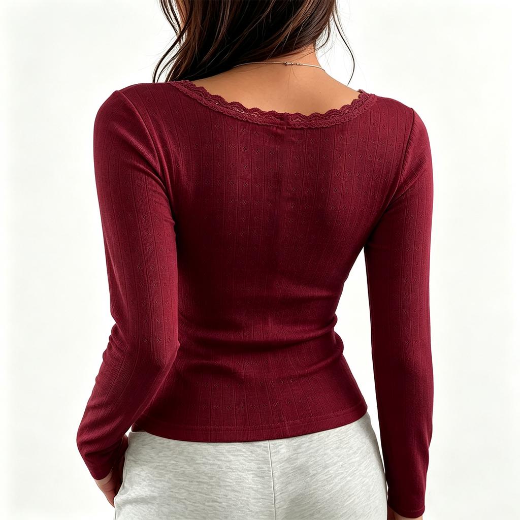 Women's Square Neck Lace Trim Button Front Short Sleeve Fitted Blouse