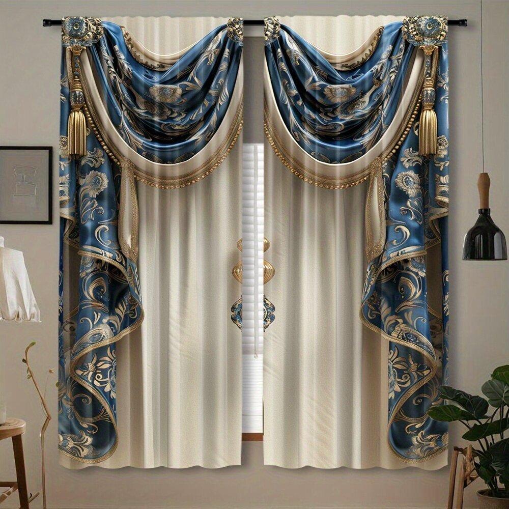 2PCS retro blue tassel art curtains, pole bag polyester material design, bedroom, home decoration