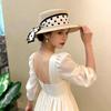Elegant Lady Cowboy Straw Hat with Polka Dot Ribbon and Wide Brim for Women