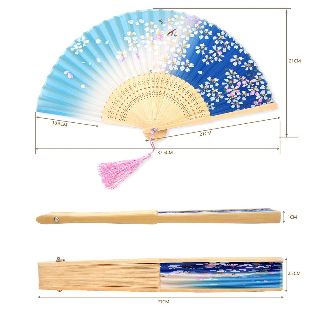 Faltfächer für Damen mit japanischem Seidenblumenmuster, perfekt für Feuerwerk. Inklusive Fächerbeutel und Geschenkverpackung mit blauer Kirschblüte.