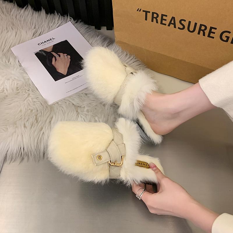 

Mao Mao slippers women s wear 2024 new autumn and winter plush bag head half slippers flat bottom pregnant women s home Mao Mao shoes 35 хаки