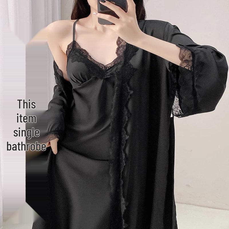 Ice Silk Long Sleeve Extra Long Robe with Chest Pad & Camisole Nightdress for Women