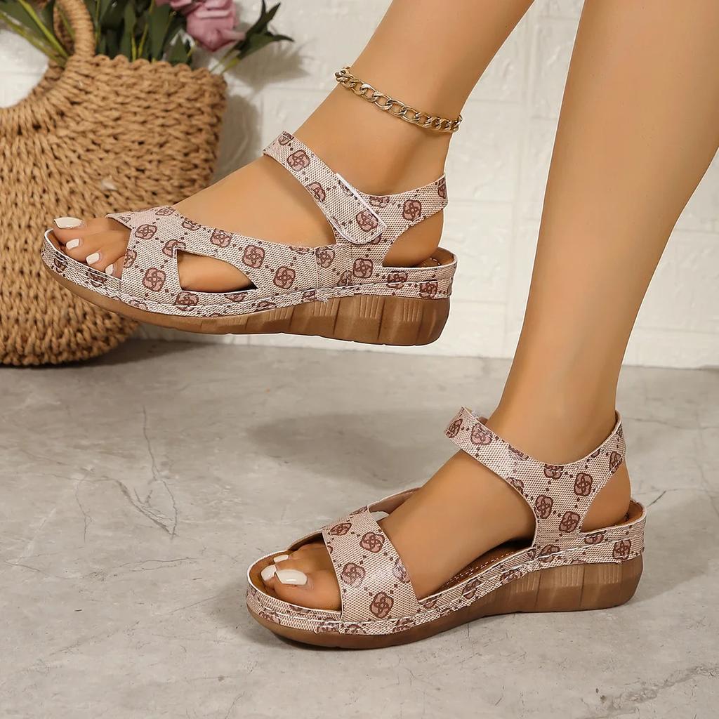 Summer Women's Thick-soled Open-toe Sandals with Luxurious Printed Designs, Outdoor Comfortable and Anti-slip Walking Shoes