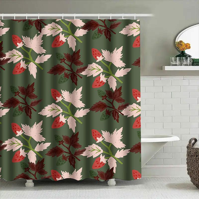 Moderner Blumiger Badezimmer Duschvorhang Grünes Erdbeer-Design Muster Dekoratives Wasserdichtes Gewebe Sondergröße Verfügbar Für Zuhause