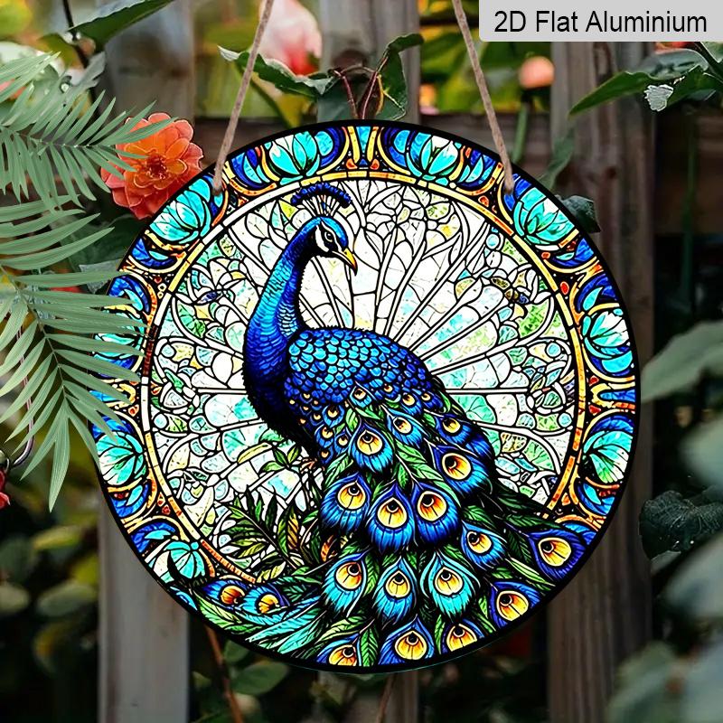 2D Flat, Vintage Stained Glass Style Peacock Round Aluminum Wall Decoration, Available in Various Sizes. Vintage Dessert Style Wall Decoration