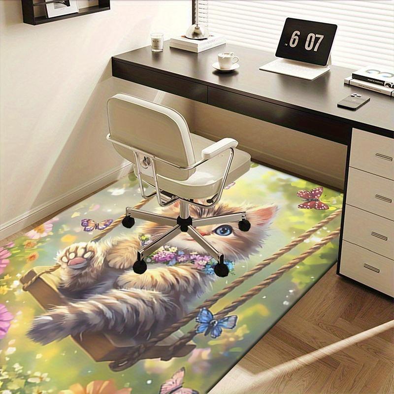 Office Carpet Cute Kitten Swing with Flowers and Butterflies Perfect for Sofa Protection Und