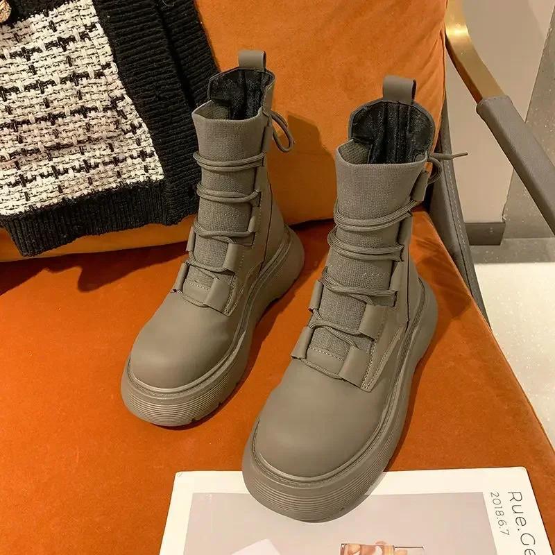 New Fashionable and Versatile Elastic Knitted Short Boots for Women, Thick Soled and Height Increasing Lace Up Short Boots