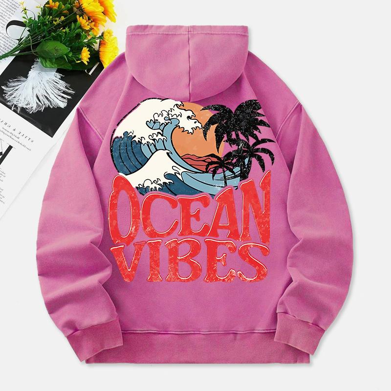 Ocean Vibes Washed Hoodies Women Sea Wave Prints Cotton Pullovers Long Sleeves Pocket Oversize Hooded Clothes