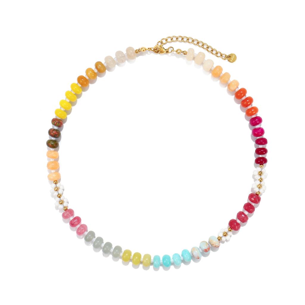 Women Colorful Natural Stone Handmade Beaded Flower Clavicle Necklace Beach Jewelry