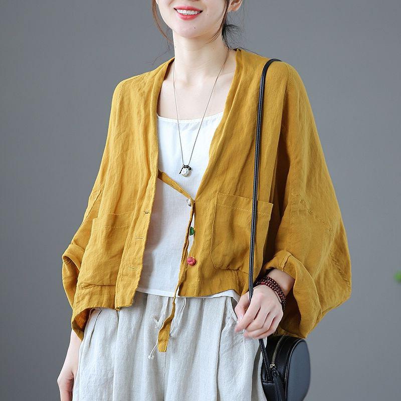 

Oversized Women s Clothing Spring And Summer Loose Long-Sleeve Fashion Cotton And Hemp Cardigan Sunscreen Coat One Size жовтий