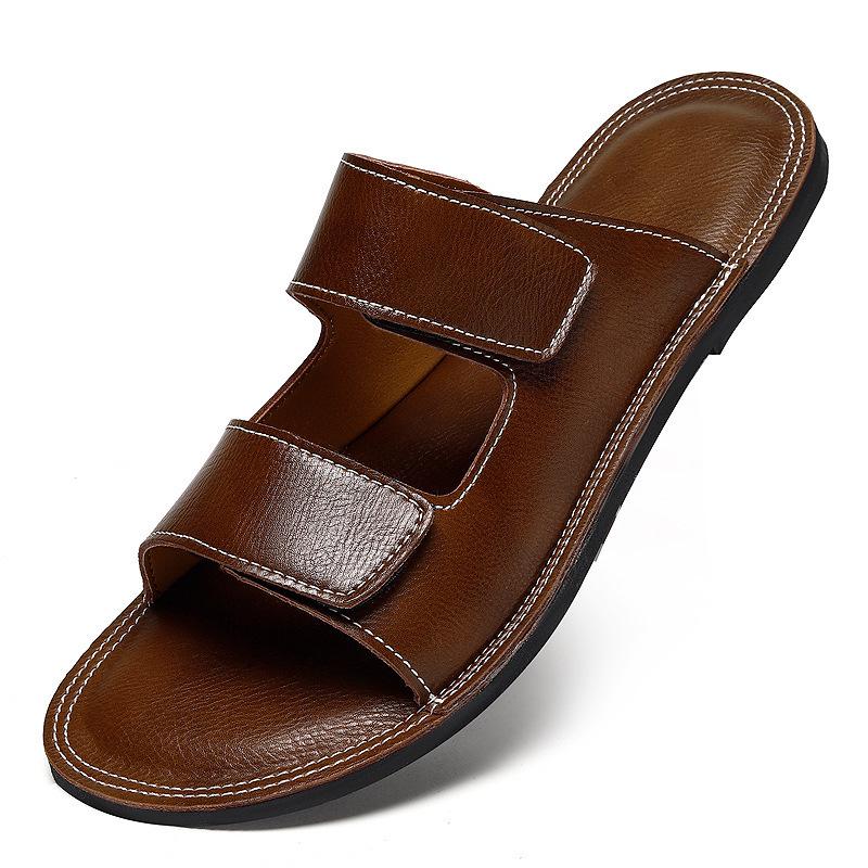 Men's Large Size High-End Leather Beach Sandals - Soft Sole Single Strap Summer Slippers (Sizes 46-47)