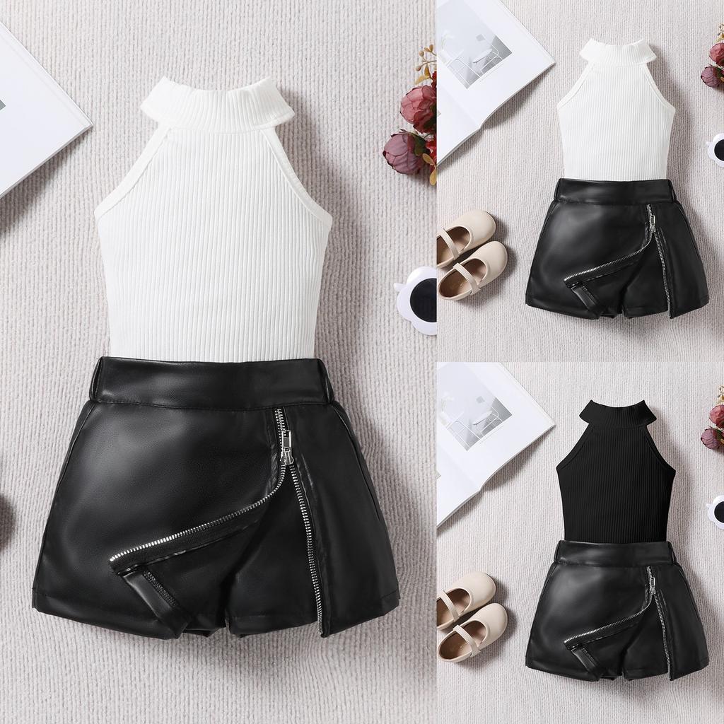 New Summer Girls' Striped Vest Top + PU Leather Shorts Skirt For Small And Medium-sized Children