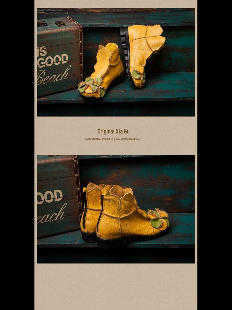 Women's Handmade Retro Real Leather Martin Boots with Thick Soles and Heels, Rear Zipper, Short Design for Autumn and Winter