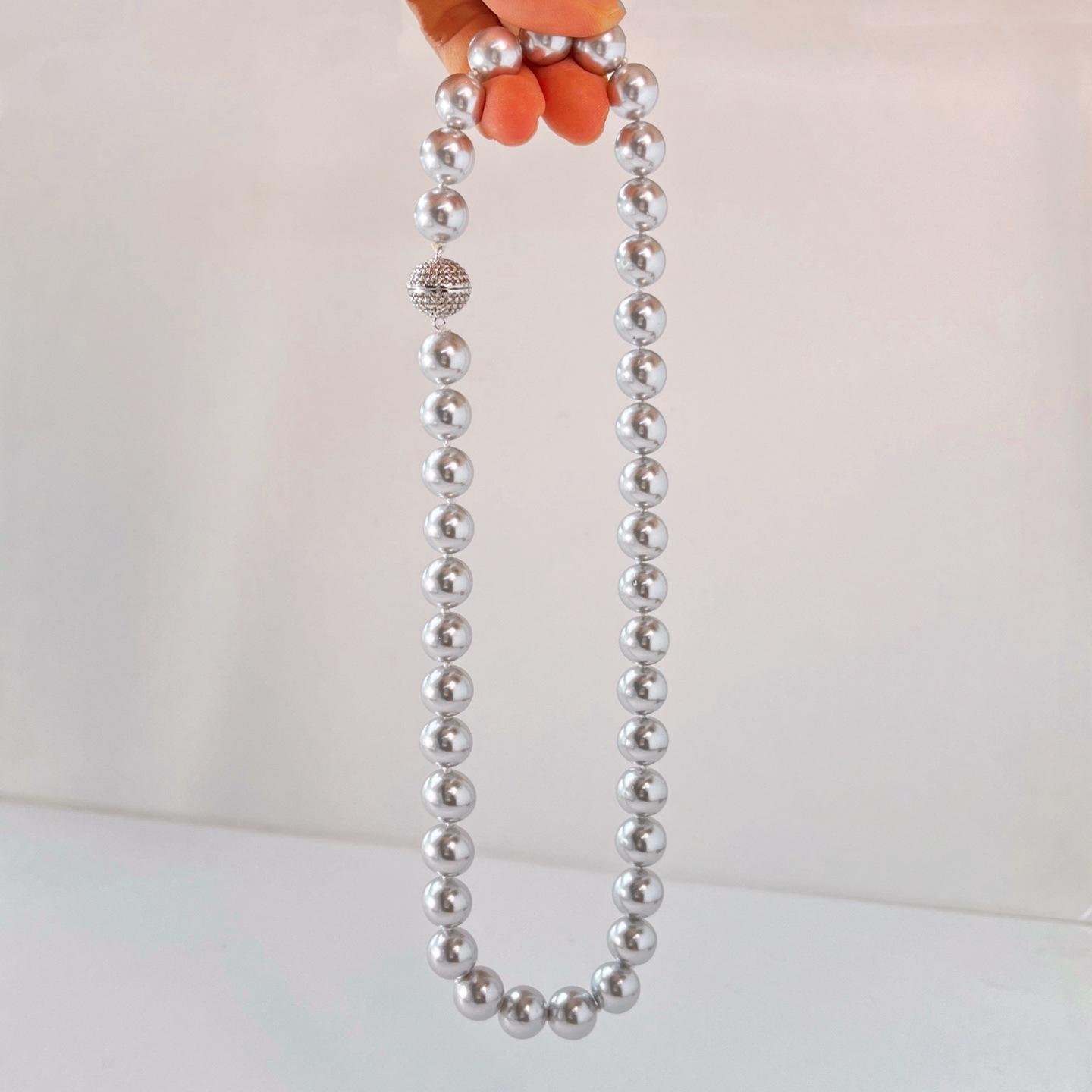 10Mm Haute Couture Platinum Grey High Gloss Faux Crystal Pearl Necklace Collarbone Chain