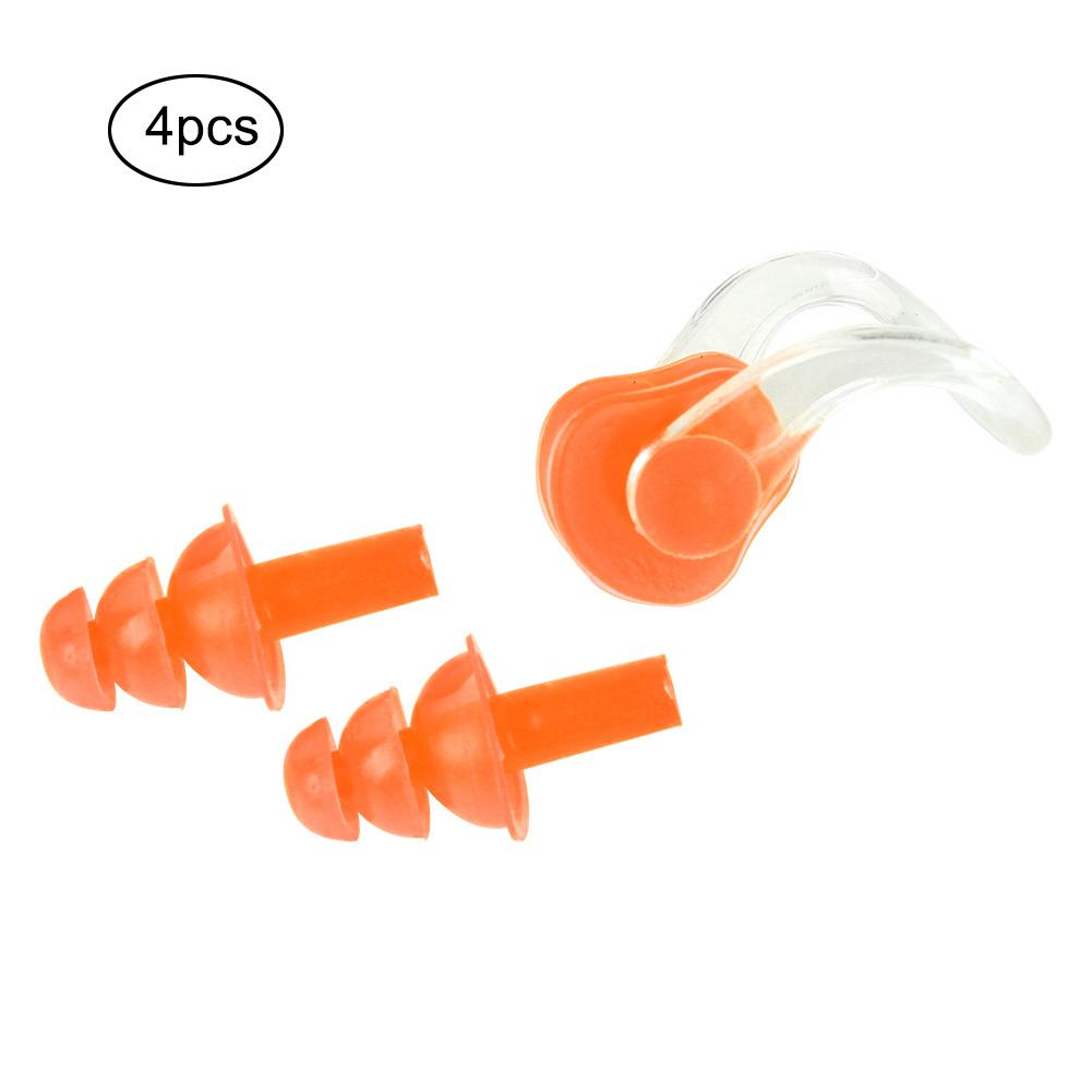 4 Stück Wasserdichte Weiche Silikon Schwimm-Ohrstöpsel Ohrenschützer Nasenklammern Klemmen Set Werkzeuge(Orange)