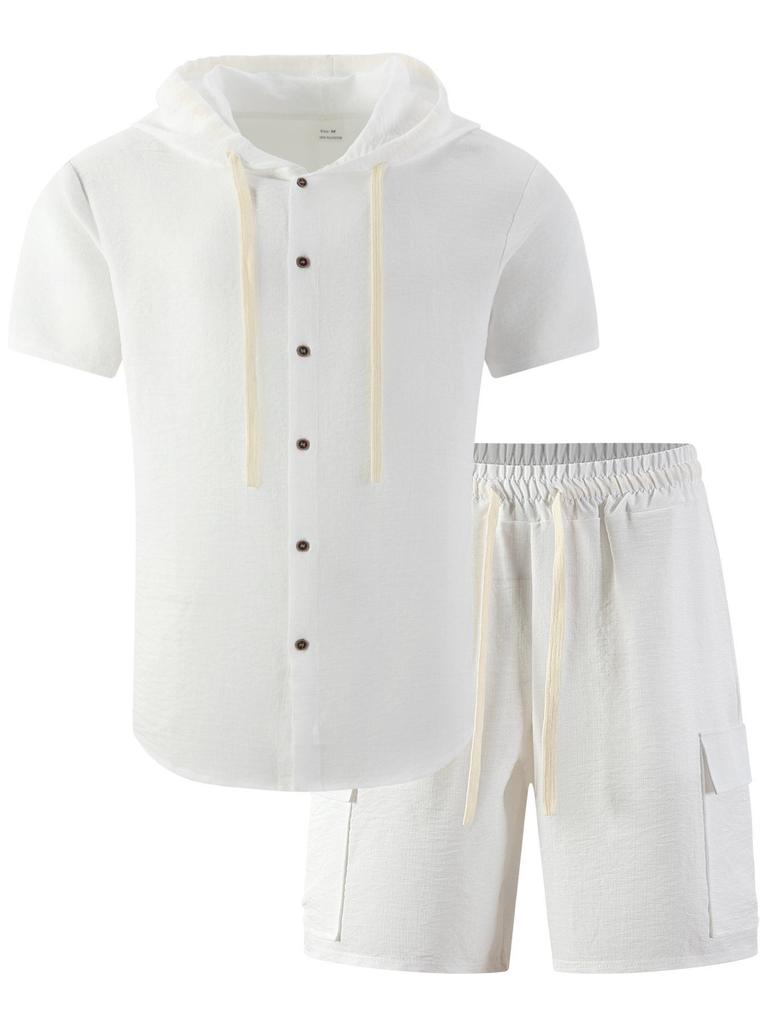 Conjunto de Camisa Casual de Verano Transpirable con Capucha y Pantalones Cortos de Trabajo para Hombre