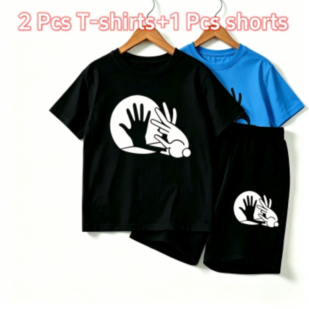 Rabbit Shadow Print Outdoor Street Kids T-shirt and Shorts Summer Home Casual Outfit Boy and Girl's Sports Set