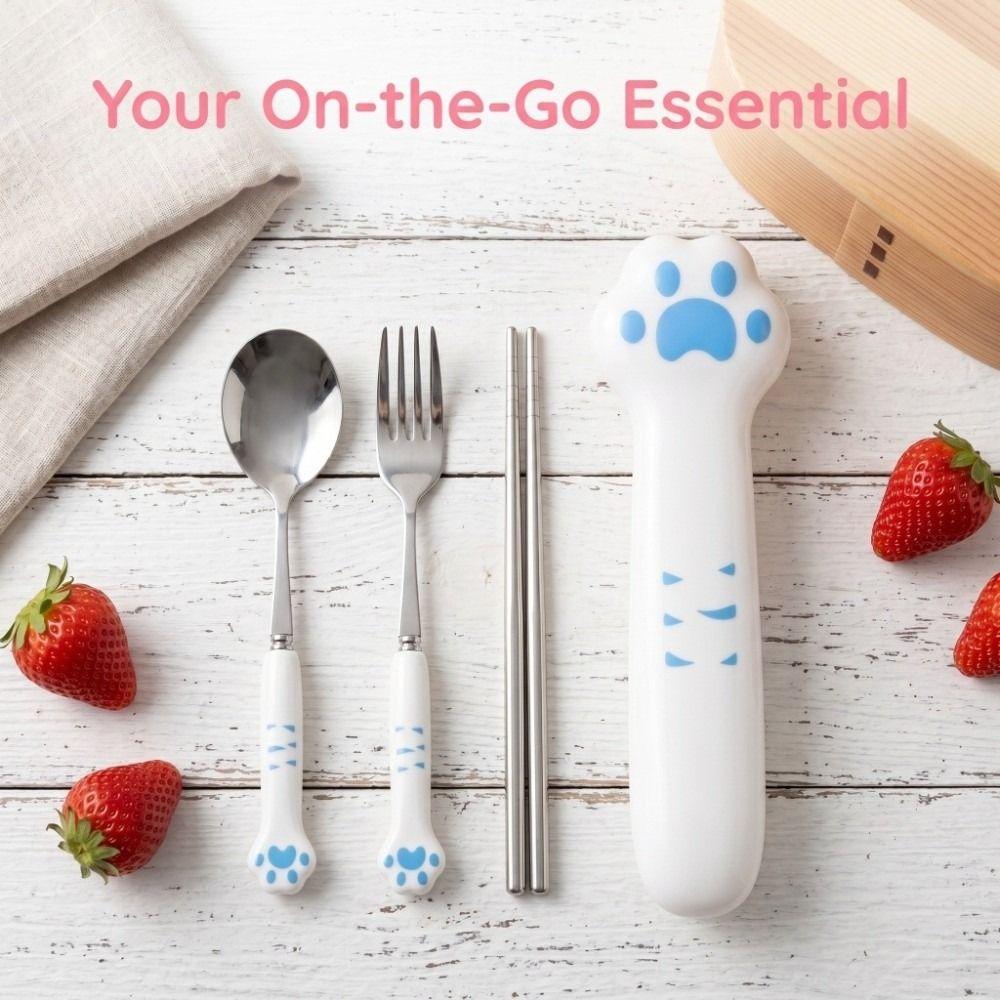 Portable Stainless Steel Fork Spoon Reusable Boxed Tableware Cat Paw Cutlery Set Tourism